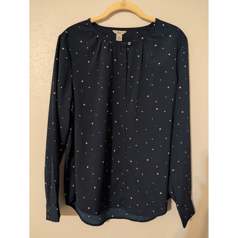 Bass Women's Navy Star Print Long Sleeve Button Front Blouse Shirt Size M